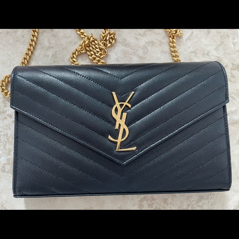 YSL CHAIN WALLET IN GRAIN DE POUDRE EMBOSSED LEATHER
